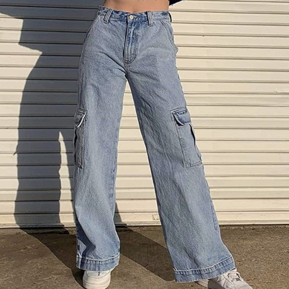 Womens High-Waisted Baggy Cargo Jeans with Straight Wide leg